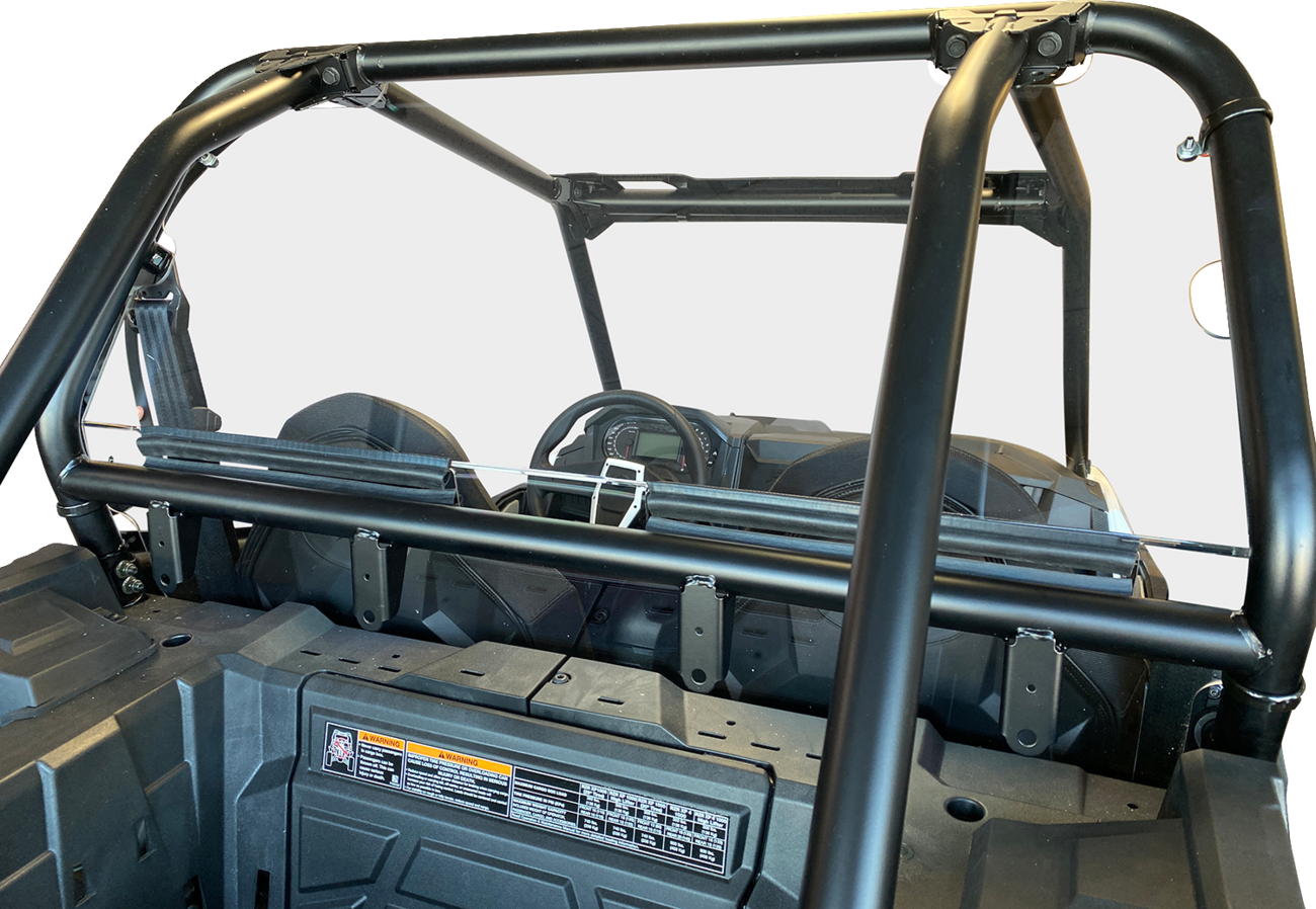A close-up view of a black off-road vehicle’s roll cage and rear interior, showing two front seats, headrests, and the dashboard. The image focuses on the sturdy metal bars and mounting hardware, with a clear white background.