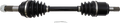 A car axle shaft with black rubber CV joint boots on both ends, metal clamps securing the boots, exposed splined steel ends, and a metal cotter pin placed below the axle on a white background.