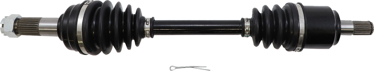 A car axle shaft with black rubber CV joint boots on both ends, metal clamps securing the boots, exposed splined steel ends, and a metal cotter pin placed below the axle on a white background.