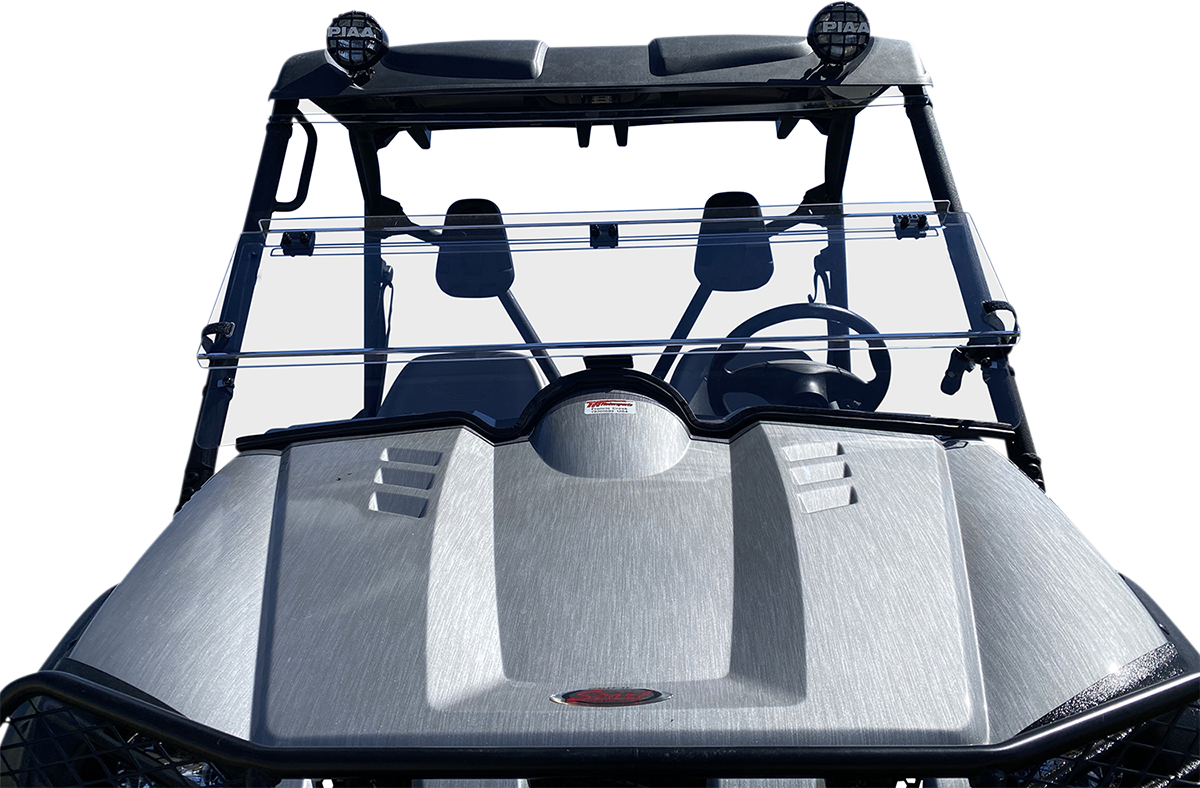Front view of a gray off-road utility vehicle with a split windshield, two seats, a steering wheel, roof lights, and protective side netting. The background is removed and white, highlighting the vehicle’s details and structure.