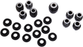 A set of black and silver metal bushings and matching circular rubber seals are arranged on a white background. The components are grouped, showing different sizes and pairs, likely for automotive or mechanical assembly.