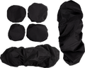 Five black fabric covers are displayed on a white background. Four are small and circular with elastic edges, and one is long, irregularly shaped, and gathered, suggesting use as protective covers for various objects or equipment.
