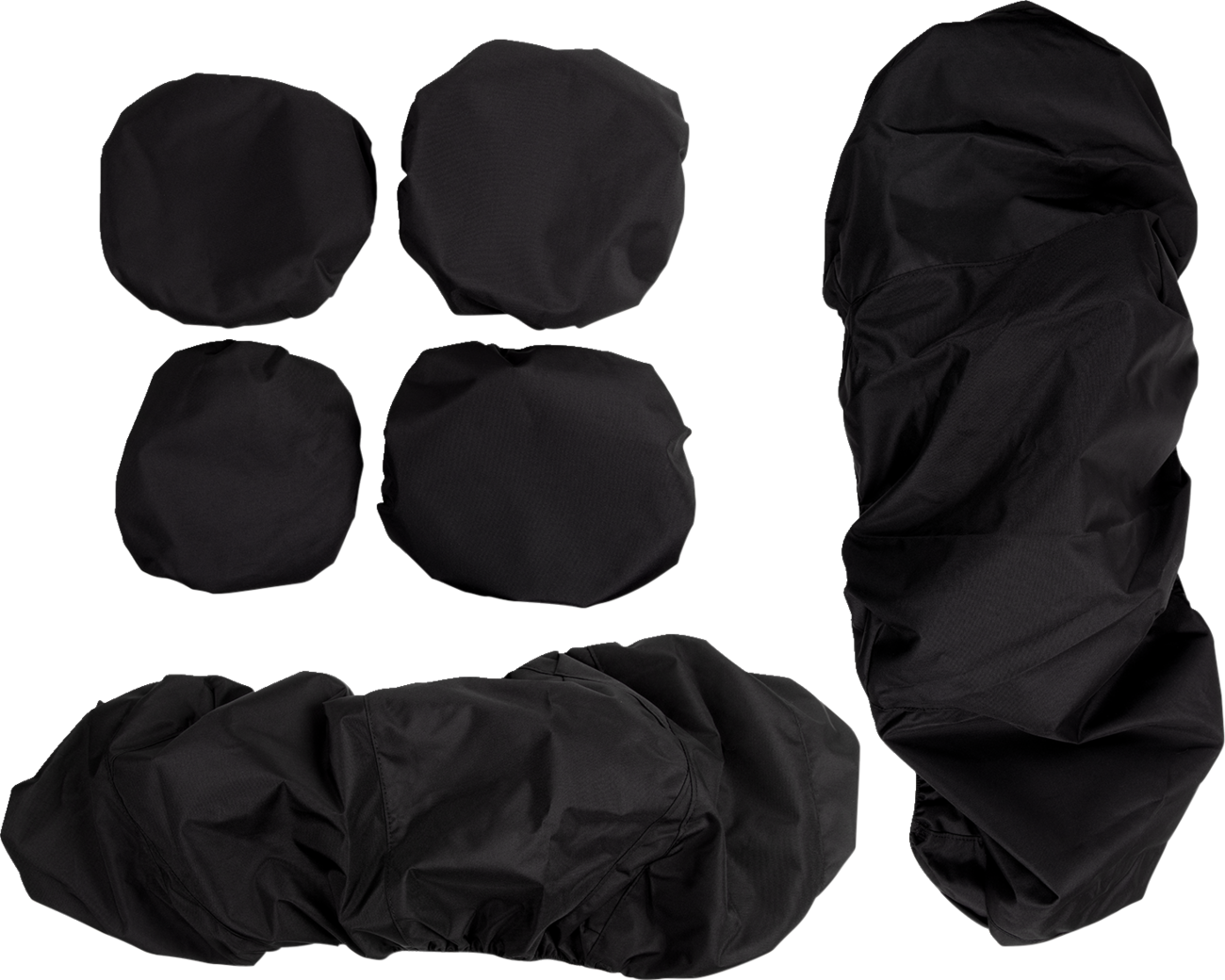 Five black fabric covers are displayed on a white background. Four are small and circular with elastic edges, and one is long, irregularly shaped, and gathered, suggesting use as protective covers for various objects or equipment.
