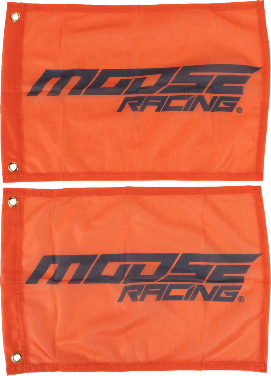 Two rectangular orange flags with black Moose Racing logos in bold, stylized font. Each flag has two metal grommets on the left side for attachment. The flags are laid out flat, one above the other, against a white background.