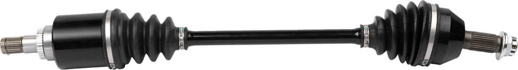 A car axle assembly is shown horizontally on a white background. It has two black rubber boots with metal clamps at both ends, covering joints, and metal splined shafts protruding from each end for connection. The center shaft is black and cylindrical.