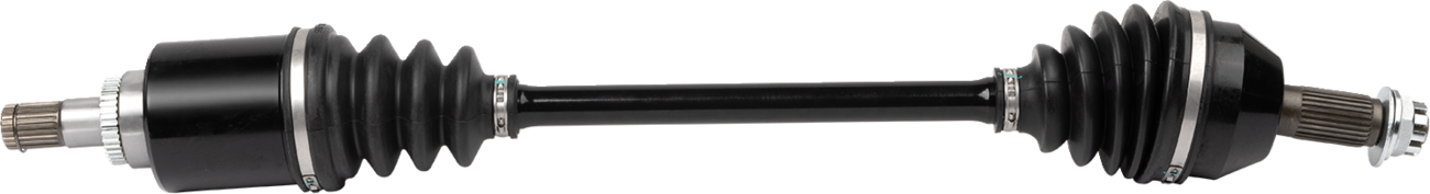 A car axle assembly is shown horizontally on a white background. It has two black rubber boots with metal clamps at both ends, covering joints, and metal splined shafts protruding from each end for connection. The center shaft is black and cylindrical.