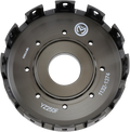 A metallic, circular motorcycle clutch basket with gear-like outer edges and a central hole. The surface is gray with engraved white markings: YZ250F, 1132-1374, and a logo. Several evenly spaced slots and holes are visible around the perimeter.