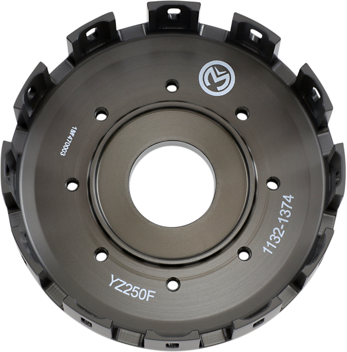 A metallic, circular motorcycle clutch basket with gear-like outer edges and a central hole. The surface is gray with engraved white markings: YZ250F, 1132-1374, and a logo. Several evenly spaced slots and holes are visible around the perimeter.
