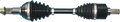 A constant velocity (CV) axle with two black rubber boots, metal joints, and a central shaft is shown on a white background. The boots are ribbed and positioned on each end, covering the joints; both ends have splined metal tips for fitting.