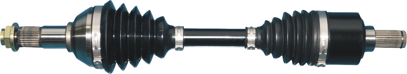 A constant velocity (CV) axle with two black rubber boots, metal joints, and a central shaft is shown on a white background. The boots are ribbed and positioned on each end, covering the joints; both ends have splined metal tips for fitting.