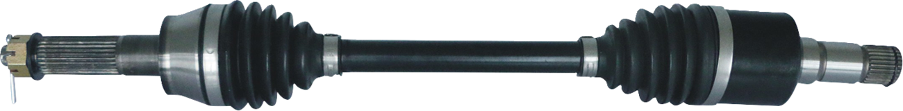 A black automotive CV axle shaft with ribbed rubber boots and splined metal ends, shown horizontally against a white background. The shaft’s boots cover the joints, and the metal ends are textured for secure attachment.
