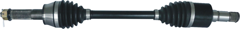 A car CV axle shaft with black rubber boots on both ends, metal splined stubs protruding from each side, and a solid central metal shaft connecting the joints, all set against a plain white background.