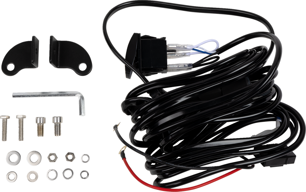 A coiled black wiring harness with red and black wires, an inline fuse, two black metal mounting brackets, an L-shaped metal tool, various screws, washers, and nuts, all neatly arranged on a white background.