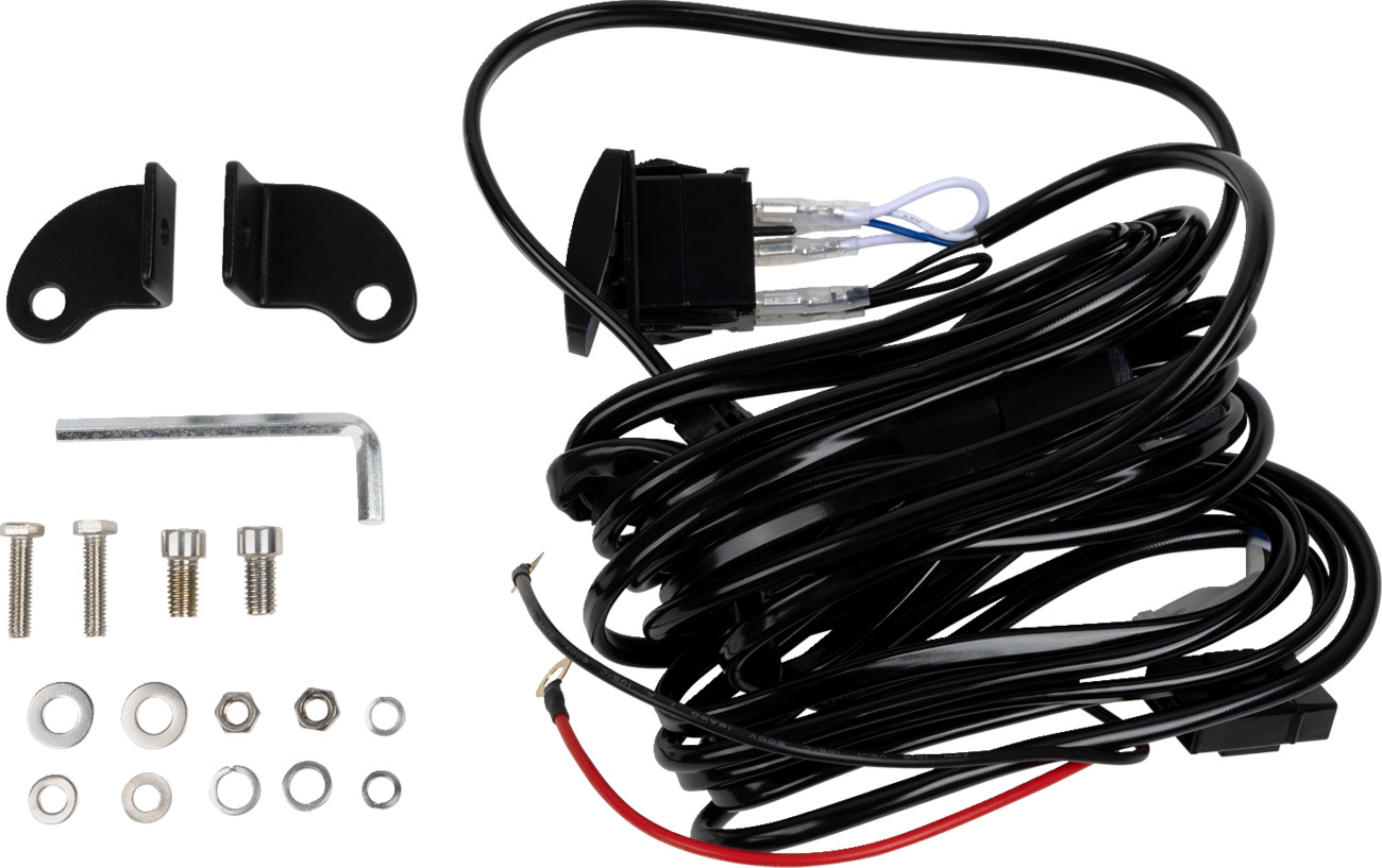A coiled black wiring harness with red and black wires, an inline fuse, two black metal mounting brackets, an L-shaped metal tool, various screws, washers, and nuts, all neatly arranged on a white background.