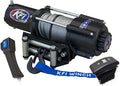 The Wide 4500 Lb UTV Winch features a black housing with a silver cable, attached to a blue KFI strap and metal hook. Included are a black handheld remote with a blue button and a black switch panel labeled “IN” and “OUT.”.