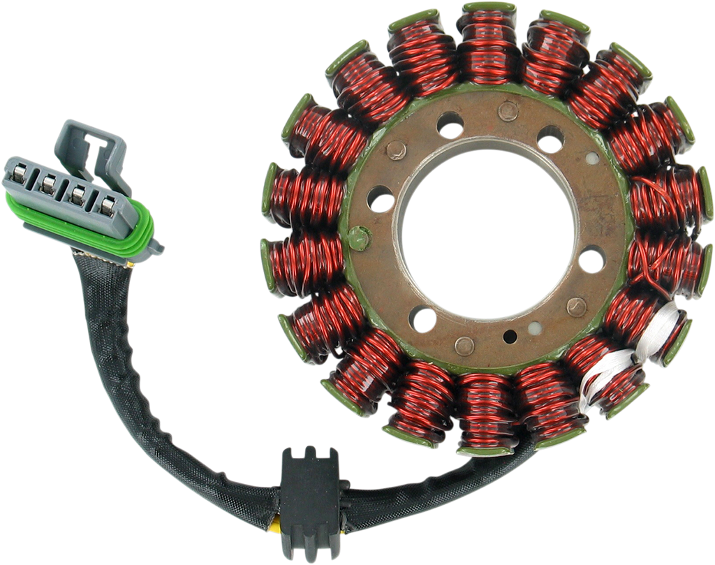 A circular metal stator with multiple coils of copper wire, a black insulated cable attached, ending in a gray and green electrical connector. The stator has a large central hole and smaller holes surrounding it, used in electric motors or generators.