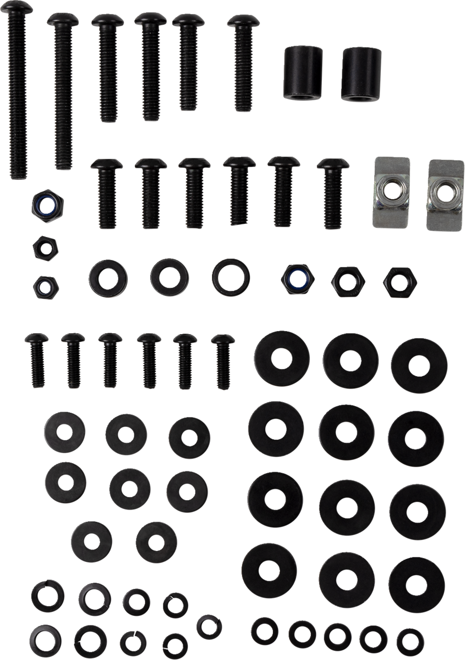 An assortment of black screws, washers, bolts, spacers, and nuts arranged in neat rows on a white background, varying in size and shape, with each type grouped together for clear organization.