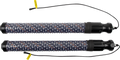 Two identical cylindrical heating rods with black end caps and patterned fabric coverings, each with a thin black power cord and yellow warning label attached, are placed parallel to each other on a white background.