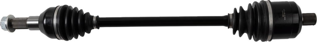 A black automotive drive shaft or CV axle with rubber boots at both ends, a metallic splined tip on the left, and a larger cylindrical joint on the right, isolated on a white background. Used for transferring power in vehicles.