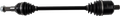 A black automotive drive shaft or CV axle with rubber boots at both ends, a metallic splined tip on the left, and a larger cylindrical joint on the right, isolated on a white background. Used for transferring power in vehicles.