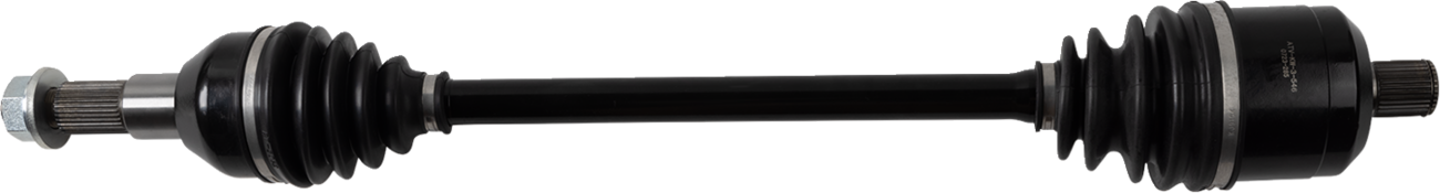 A black automotive drive shaft or CV axle with rubber boots at both ends, a metallic splined tip on the left, and a larger cylindrical joint on the right, isolated on a white background. Used for transferring power in vehicles.