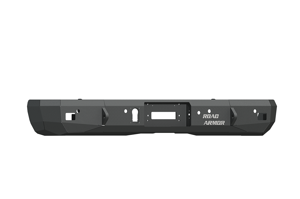 A front view of the 2015-2019 GMC/Chevy 2500 Stealth Rear Winch Bumper in texture black, featuring angular corners, mounting holes, a central winch opening for Warn M8000 or 9.5XP, and a white Road Armor logo on the lower right. White background.