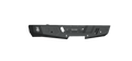 A textured black 2014-2018 Chevy 1500 Spartan Rear Bumper by Road Armor, featuring an angular design, reinforced edges, mounting holes, cut-outs, a left-side logo, and central FALCON text for durability and off-road use.