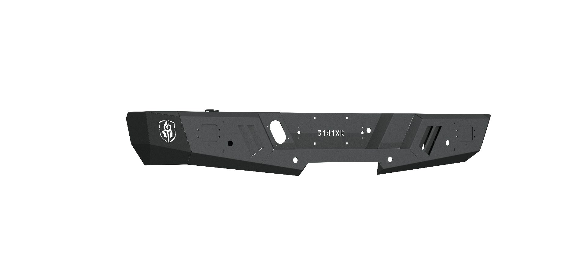 A textured black 2014-2018 Chevy 1500 Spartan Rear Bumper by Road Armor, featuring an angular design, reinforced edges, mounting holes, cut-outs, a left-side logo, and central FALCON text for durability and off-road use.