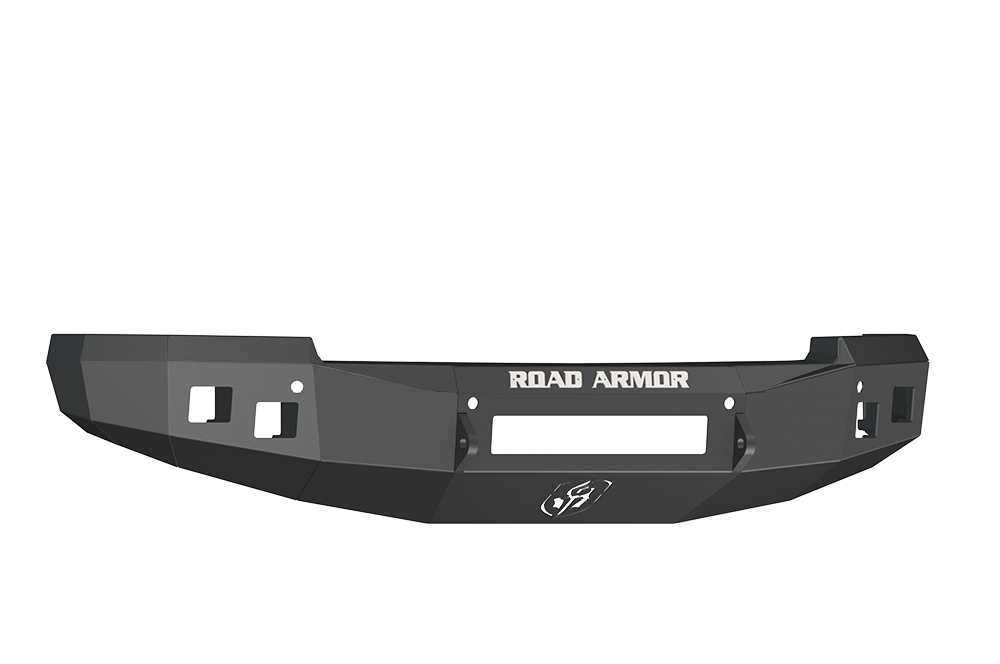 A textured black, angular 2014-2015 Chevy 1500 Stealth Front Non-Winch Bumper with “ROAD ARMOR” in white at the top center, rugged cutouts for lights, and a Road Armor logo displayed in the lower center.