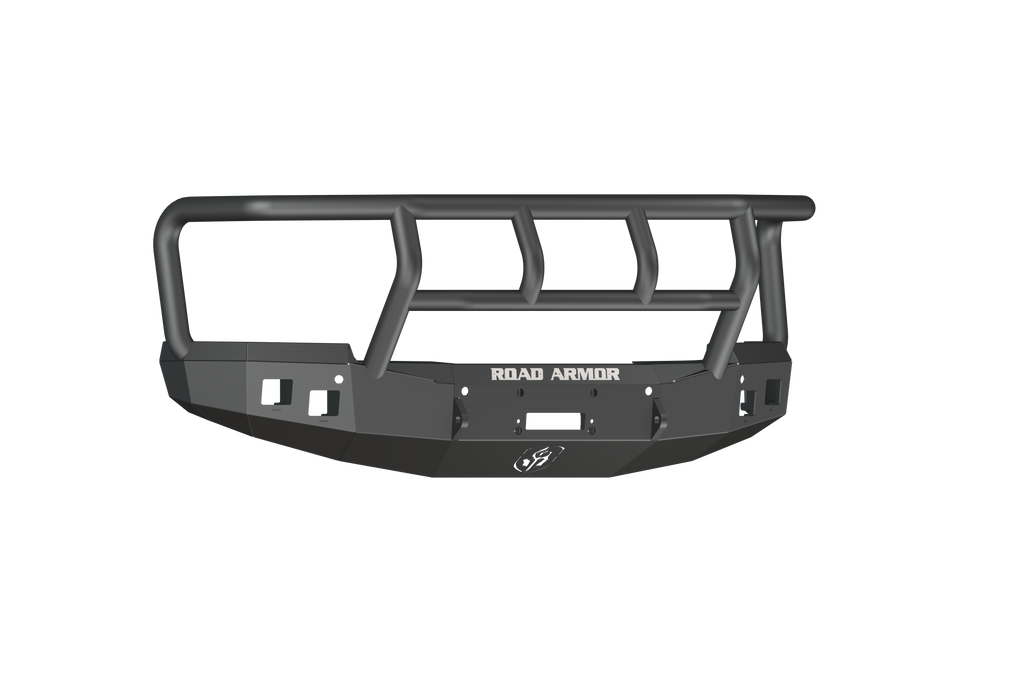 The 2015-19 Chevy 2500 Stealth Front Winch Bumper Titan II Guard features a textured black finish, robust angular steel construction, tubular grille guard, flat panel with centered ROAD ARMOR logo, and cutouts for accessories and a Warn VR12000 winch.