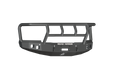 The 2015-19 Chevy 2500 Stealth Front Winch Bumper Titan II Guard features a textured black finish, robust angular steel construction, tubular grille guard, flat panel with centered ROAD ARMOR logo, and cutouts for accessories and a Warn VR12000 winch.
