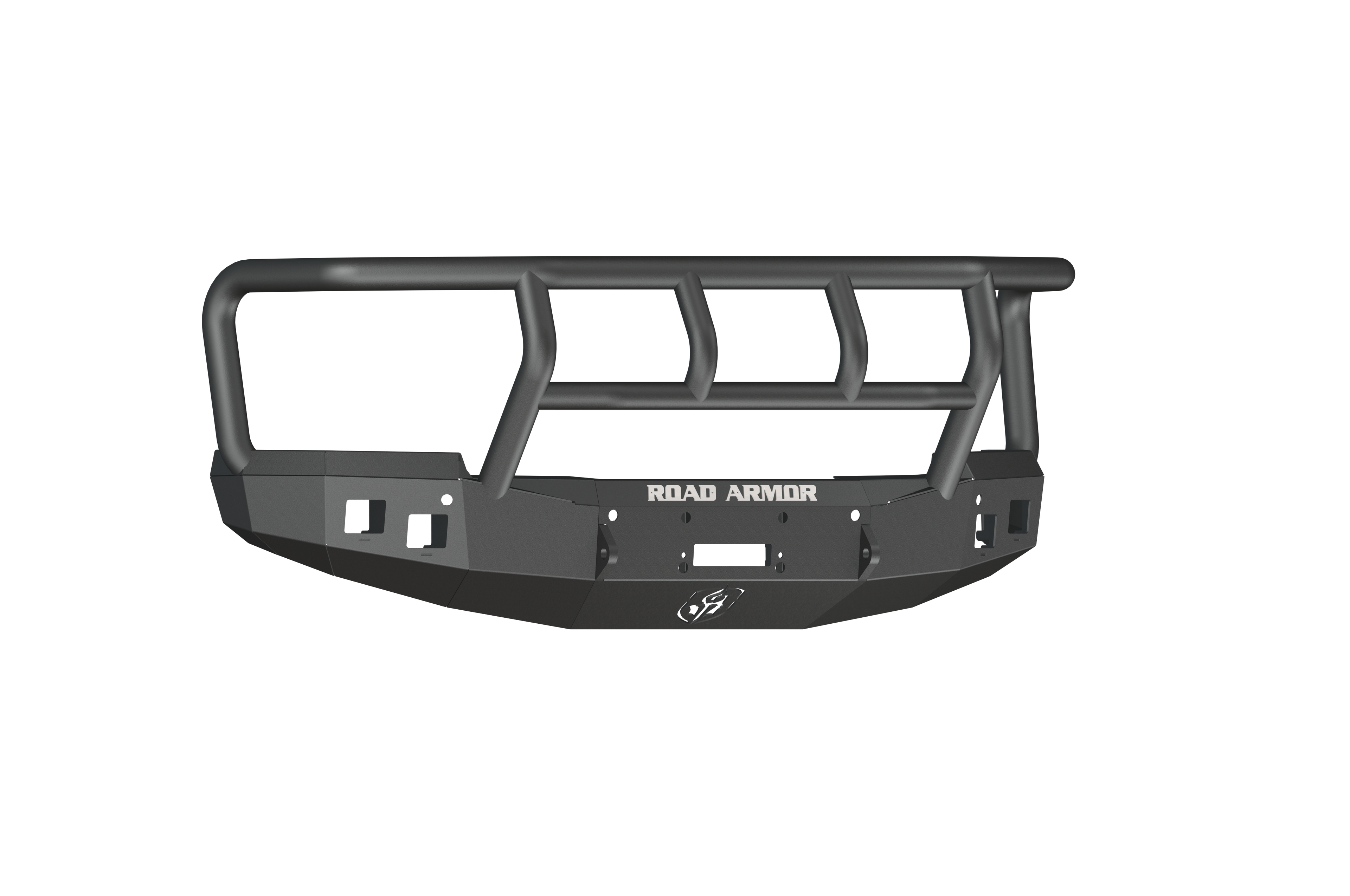 The 2015-19 Chevy 2500 Stealth Front Winch Bumper Titan II Guard features a textured black finish, robust angular steel construction, tubular grille guard, flat panel with centered ROAD ARMOR logo, and cutouts for accessories and a Warn VR12000 winch.