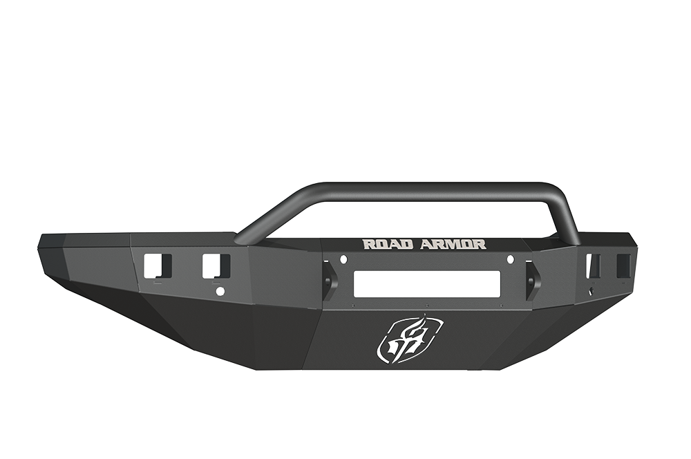A 2015-2019 Chevy 2500 Stealth Front Non-Winch Bumper Pre-Runner Guard in texture black, featuring angular lines, mounting holes, a center hoop, ROAD ARMOR text, and a shield logo embossed below, shown front-on against white.