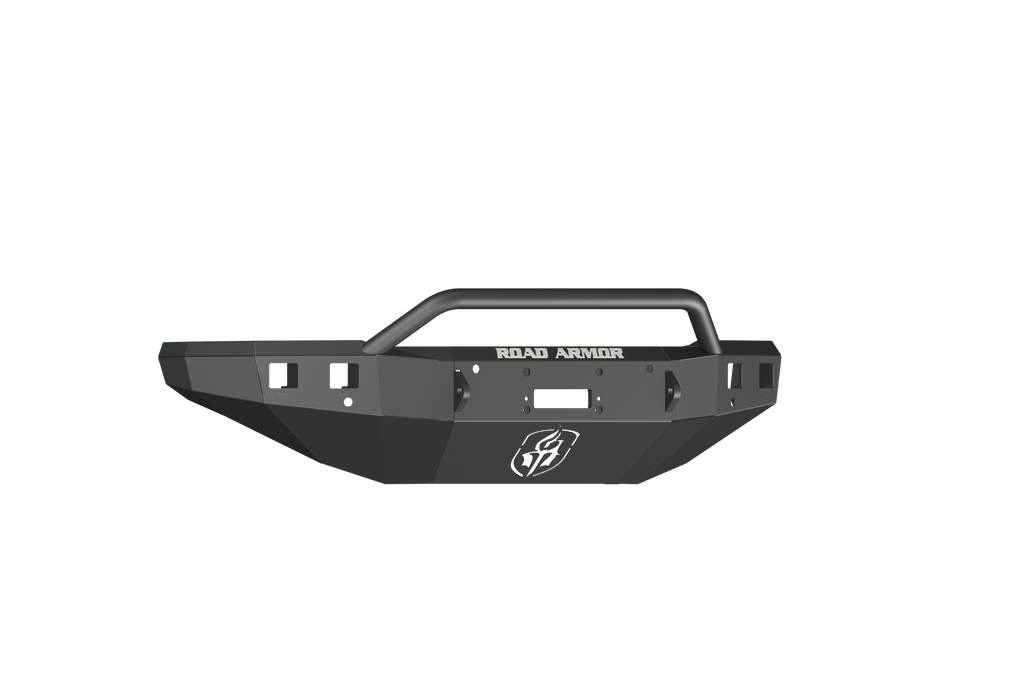 The 2015-19 Chevy 2500 Stealth Front Winch Bumper Pre-Runner Guard in textured black features an angular design, welded seams, raised bar, multiple cutouts, and mounting points. ROAD ARMOR appears in white above a shield logo. Background is transparent.