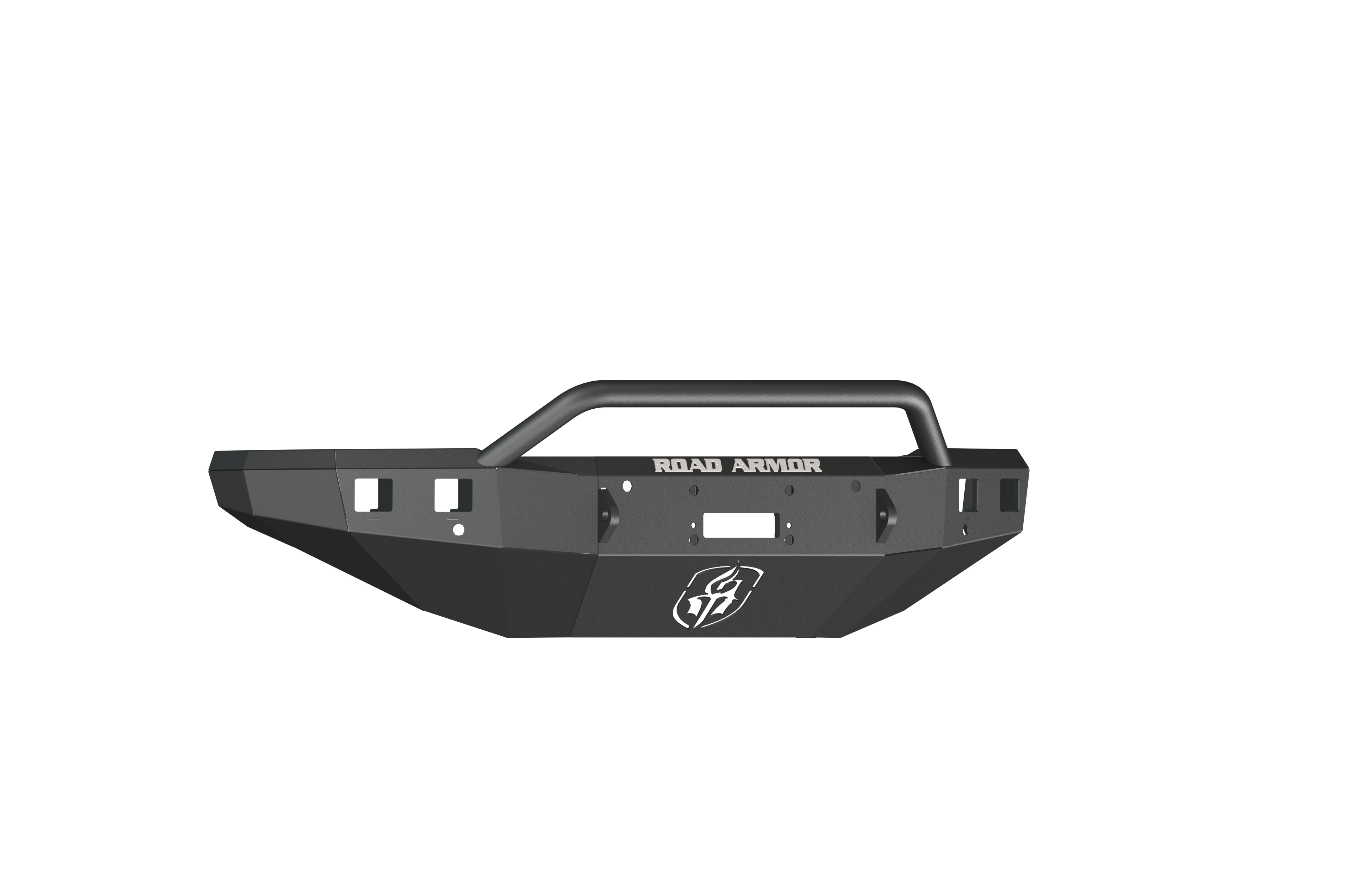 The 2015-19 Chevy 2500 Stealth Front Winch Bumper Pre-Runner Guard in textured black features an angular design, welded seams, raised bar, multiple cutouts, and mounting points. ROAD ARMOR appears in white above a shield logo. Background is transparent.