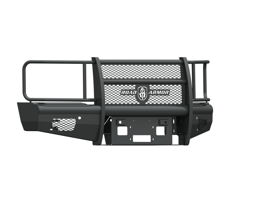 A textured black 2015-2019 Chevy 2500 Vaquero front winch plate features a steel grille guard with mesh center, horizontal bars, side rails, a Vaquero badge logo, Ranch Hand text, plus multiple mounting holes and cutouts for fittings.