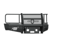 A textured black 2015-2019 Chevy 2500 Vaquero front winch plate features a steel grille guard with mesh center, horizontal bars, side rails, a Vaquero badge logo, Ranch Hand text, plus multiple mounting holes and cutouts for fittings.