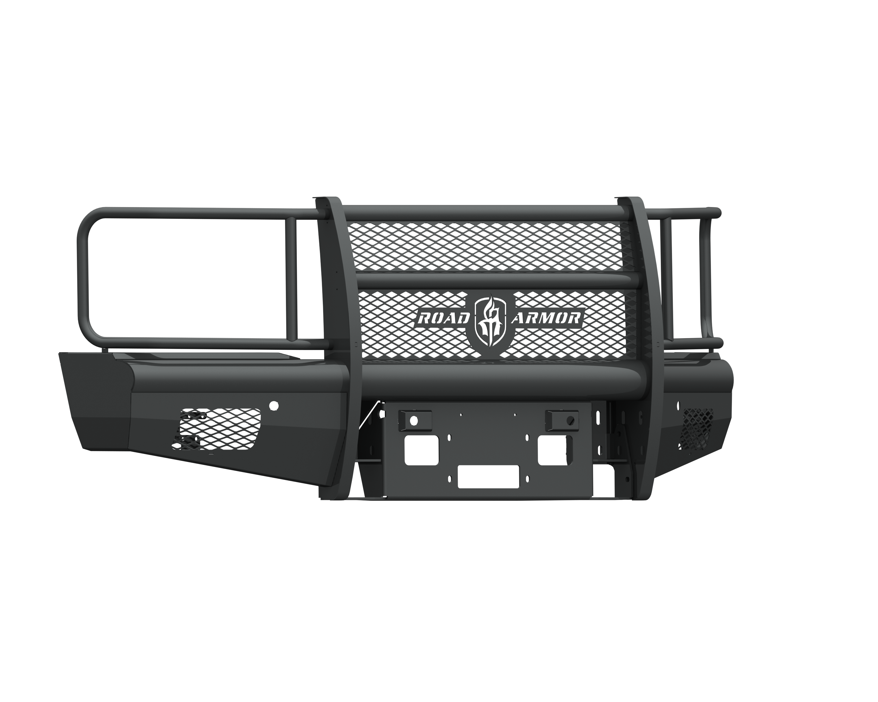 A textured black 2015-2019 Chevy 2500 Vaquero front winch plate features a steel grille guard with mesh center, horizontal bars, side rails, a Vaquero badge logo, Ranch Hand text, plus multiple mounting holes and cutouts for fittings.