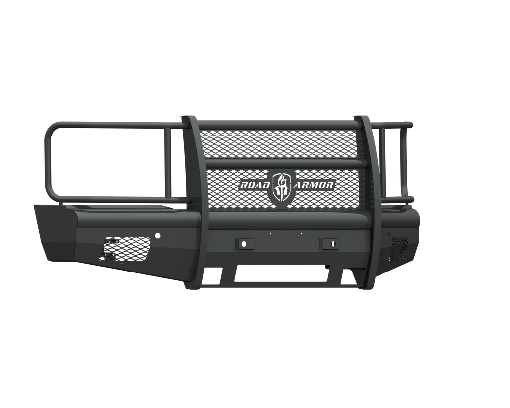 A textured black Vaquero Full Guard bumper for 2015-19 Chevy 2500, featuring mesh panels, tubular side rails, and angular corners for rugged protection; designed as a non-winch front guard.