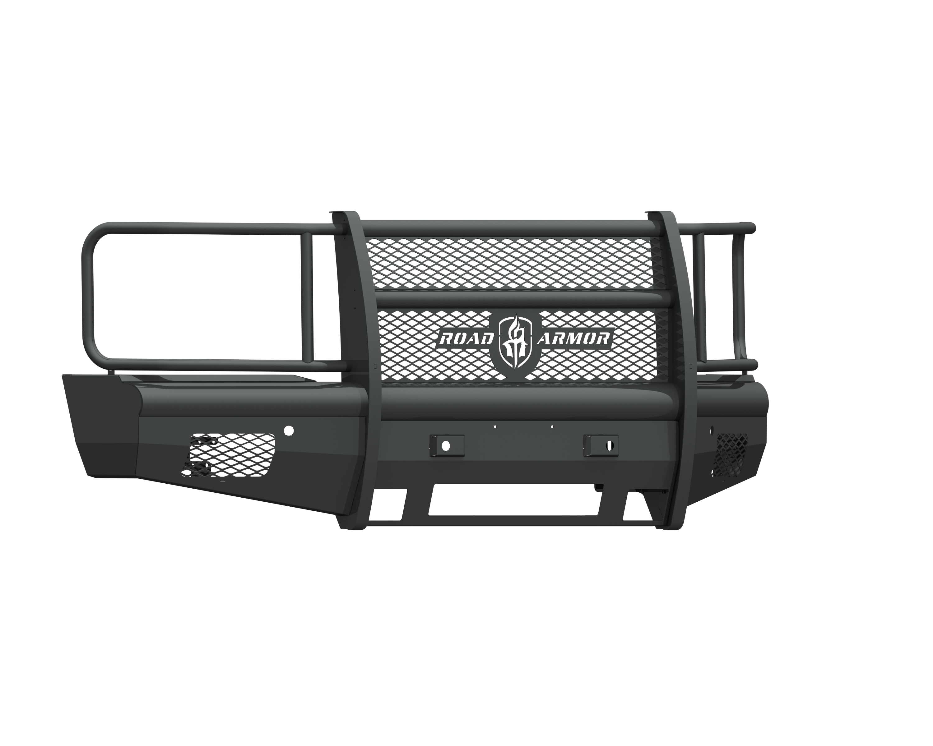 A textured black Vaquero Full Guard bumper for 2015-19 Chevy 2500, featuring mesh panels, tubular side rails, and angular corners for rugged protection; designed as a non-winch front guard.