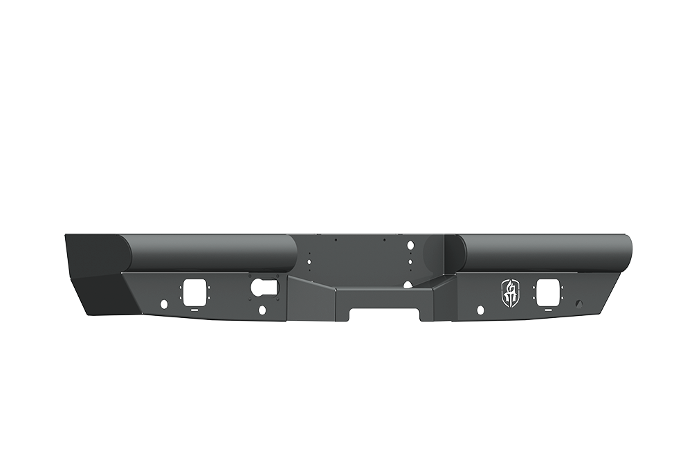 The 2015-2019 Chevy 2500 Vaquero Rear Non-Winch Bumper in texture black features angular corners, mounting holes, accessory cutouts, a welded logo on the right, and a rugged design for enhanced protection.