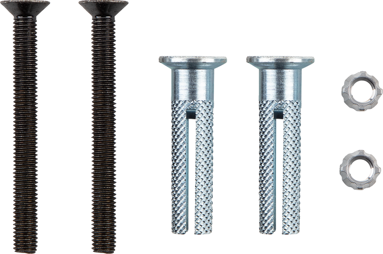 Two black metal screws, two silver metal wall anchors with textured surfaces and slotted ends, and two silver toothed washers are neatly arranged against a white background. The items are displayed side by side in separate groups.