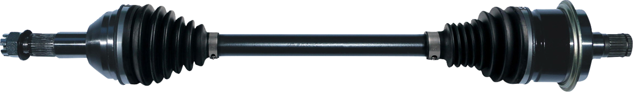 A black automotive CV (constant velocity) axle shaft with ribbed rubber boots on both ends, metal joints protruding from each boot, and a smooth metal rod connecting the ends, shown on a white background.