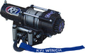 The 3000Lb Winch Kit includes a black winch with coiled steel cable, metal hook, roller fairlead, and branded stickers. A blue KFI WINCH strap is attached to the hook and displayed in front along with metallic components.