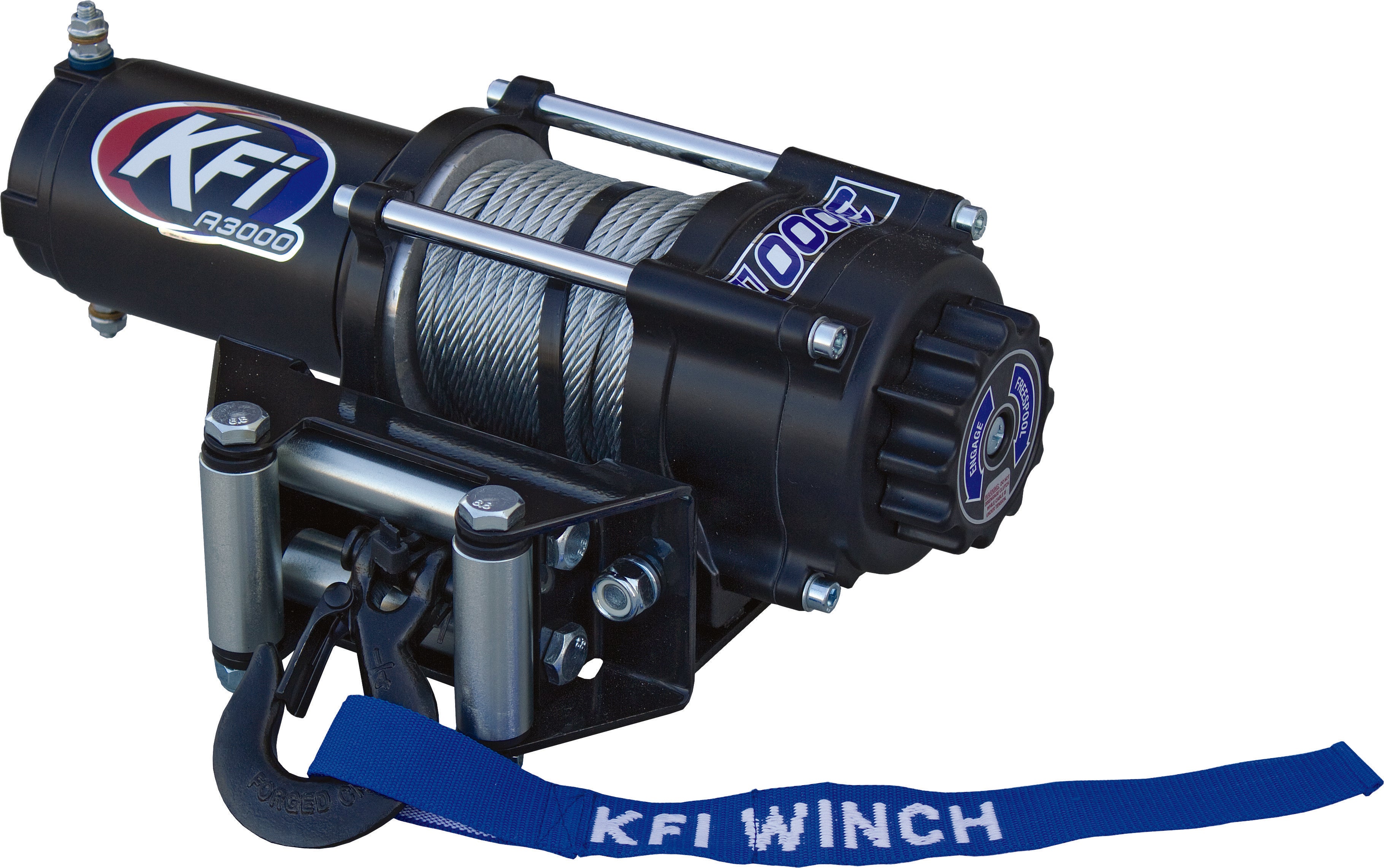 The 3000Lb Winch Kit includes a black winch with coiled steel cable, metal hook, roller fairlead, and branded stickers. A blue KFI WINCH strap is attached to the hook and displayed in front along with metallic components.
