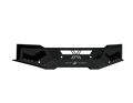 The 2019-21 Chevy 1500 Spartan Front Bumper in Texture Black features an angular metal design with geometric cutouts, bold bolt details, and centered “MAD ARMOR” text with a circular logo. A black background emphasizes its sharp, rugged look.
