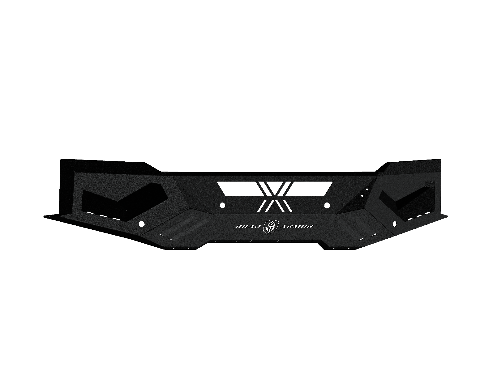 The 2019-21 Chevy 1500 Spartan Front Bumper in Texture Black features an angular metal design with geometric cutouts, bold bolt details, and centered “MAD ARMOR” text with a circular logo. A black background emphasizes its sharp, rugged look.
