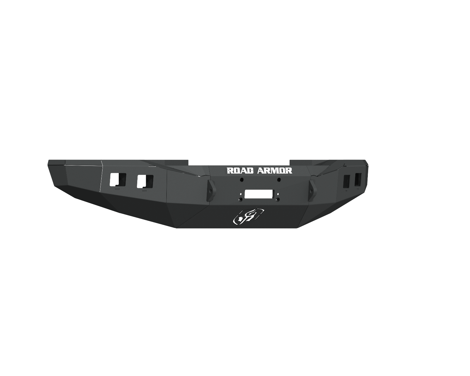 A textured black 2019-23 Chevy 4500 Stealth Front Winch Bumper with ROAD ARMOR in white at the center, multiple cutouts, mounting points, and an engraved logo. Shown on a plain white background. Compatible with Warn 16.5, Smittybilt Xrc.