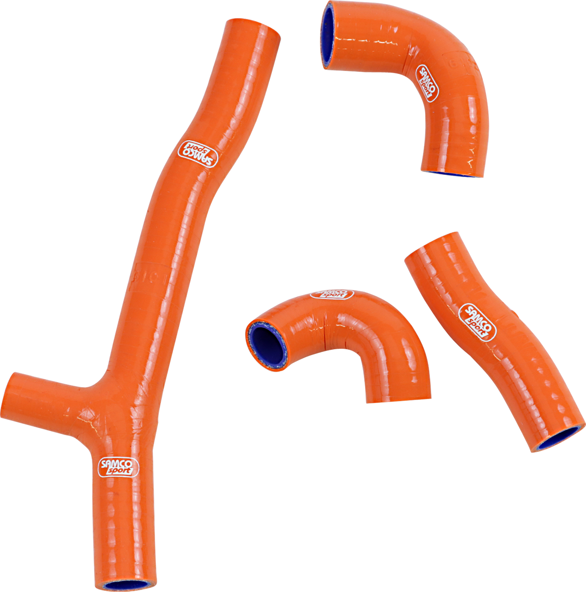 Four bright orange, shiny, silicone hoses with visible blue inner linings are shown on a white background. The hoses are bent in different angles and include a Y-shaped one. Each hose features a white Samco Sport logo.