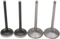 Four engine valves are shown upright in a row on a white background. The left two valves appear darker and more worn, while the right two are lighter and cleaner, suggesting a comparison between used and new engine valves.